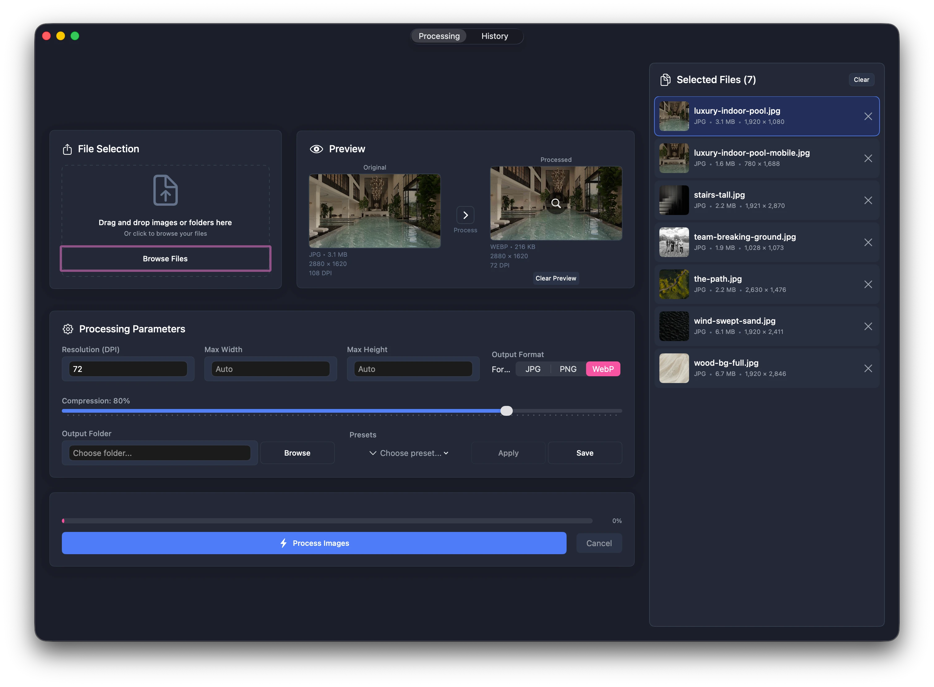 The Transmogrifier app interface showing batch image processing