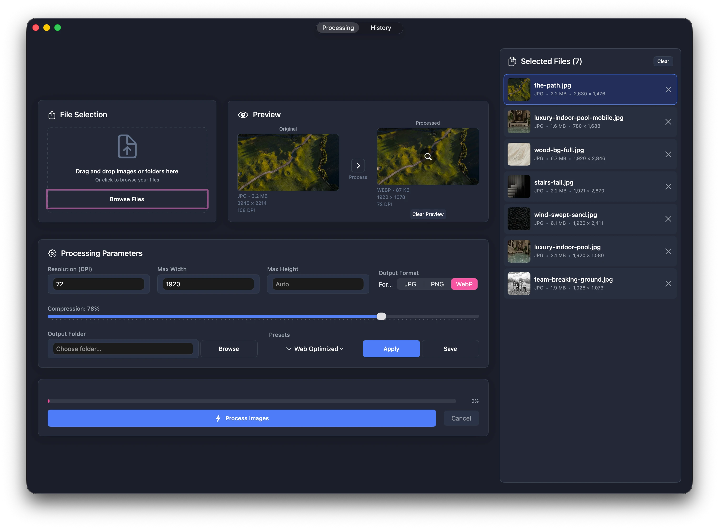 Batch processing interface with drag-and-drop file selection