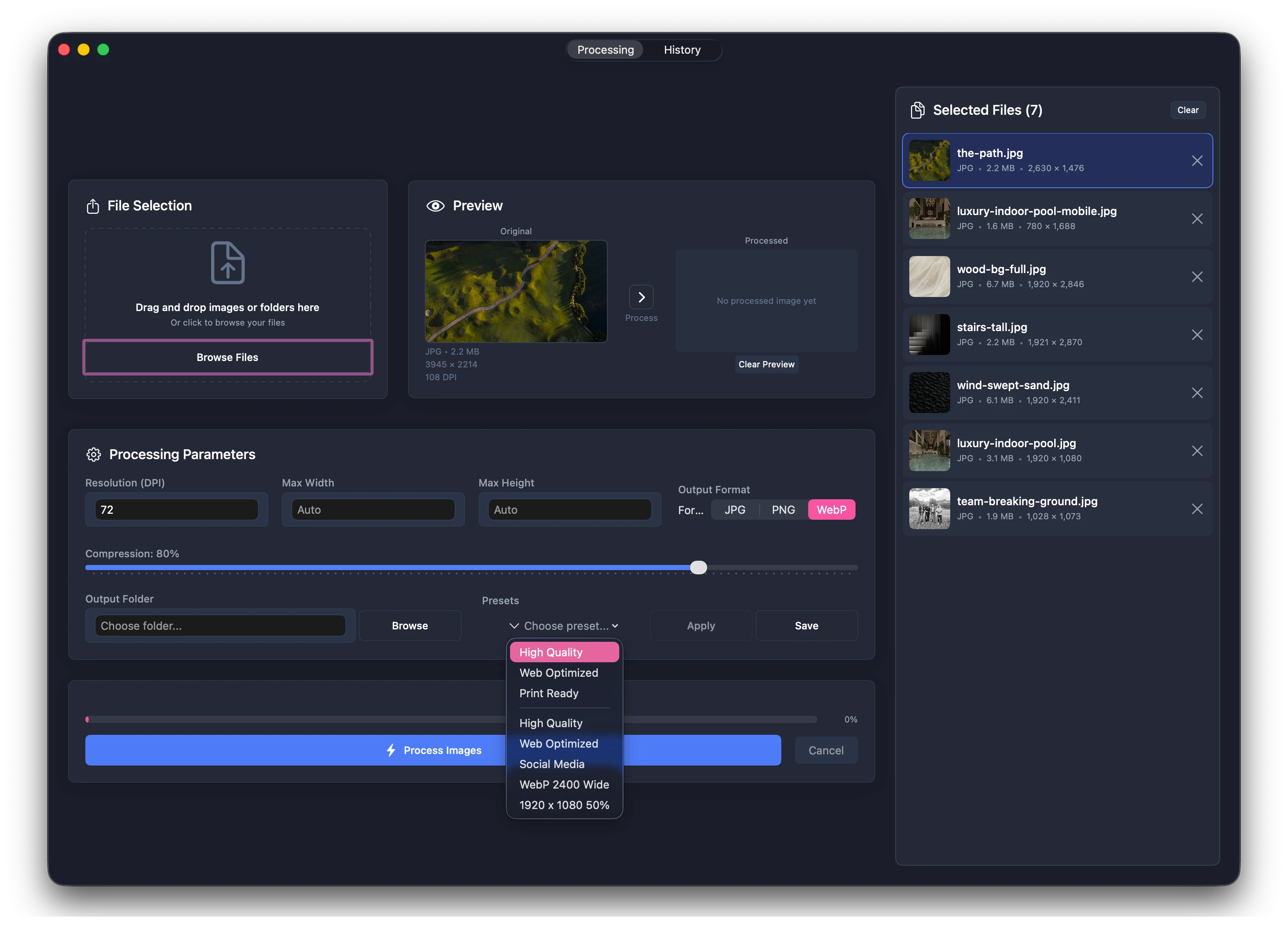 Preset management interface with saved presets